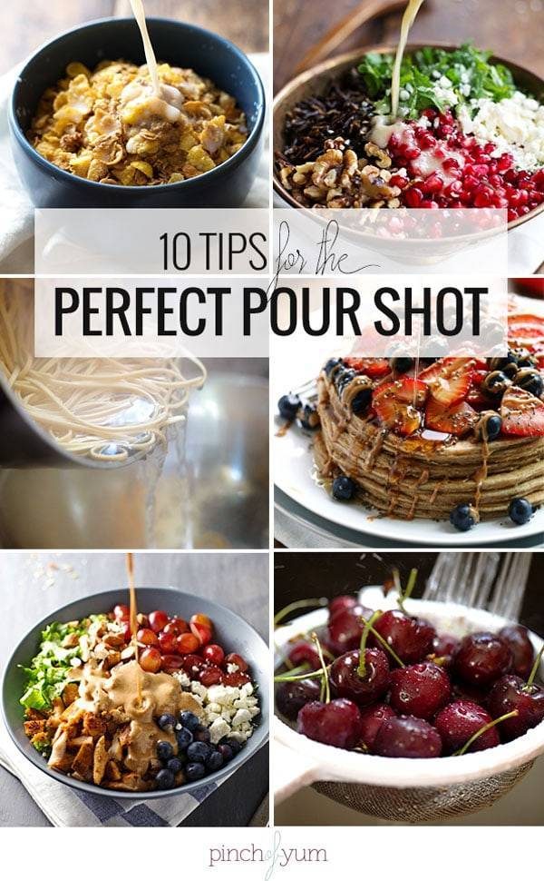10 Tips for Food Photography Pour Shots collage.