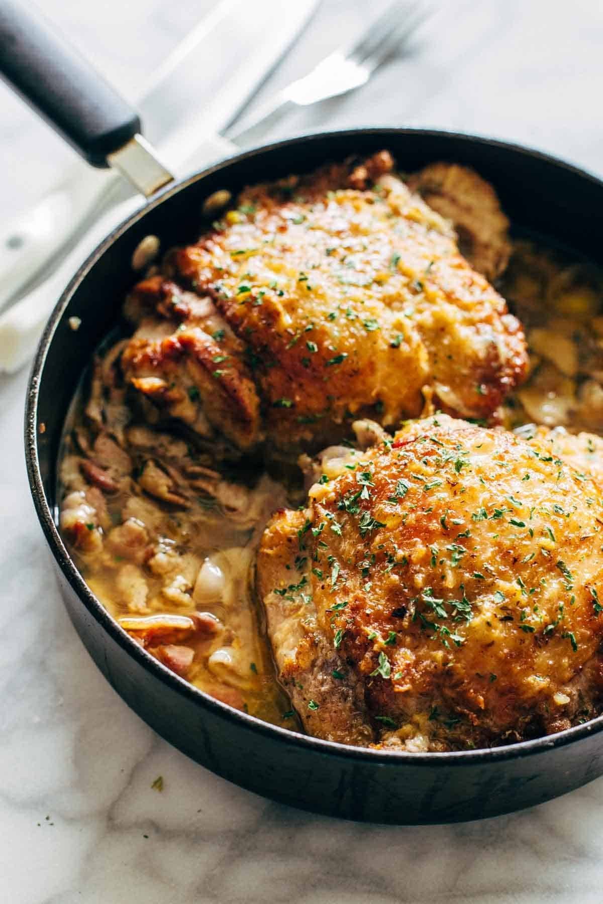 Skillet Turkey with Bacon and White Wine - a simple holiday meal featuring everyone's faves: shallots, butter, white wine, and bacon! | pinchofyum.com