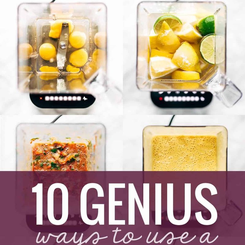 Foods in a blender that says "10 Ways to Use a Blender"
