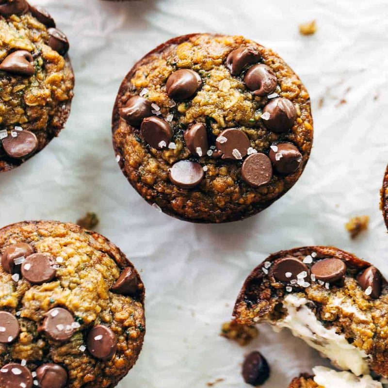 Zucchini muffins with chocolate chips on top.