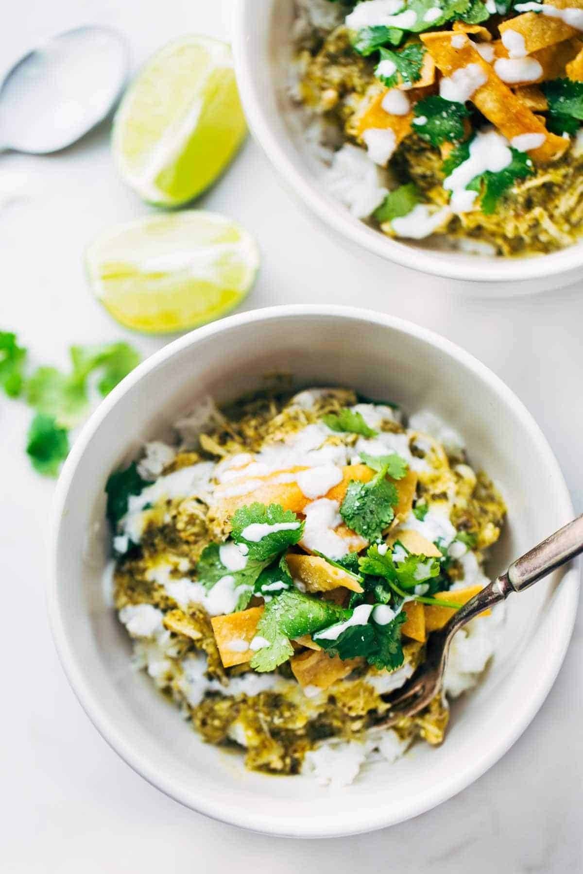 Roasted Tomatillo Chicken and Rice Bowls with toppings.